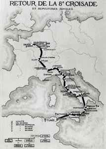 Map of the return of the 8th Crusade in 1270 with the resting places of Louis IX